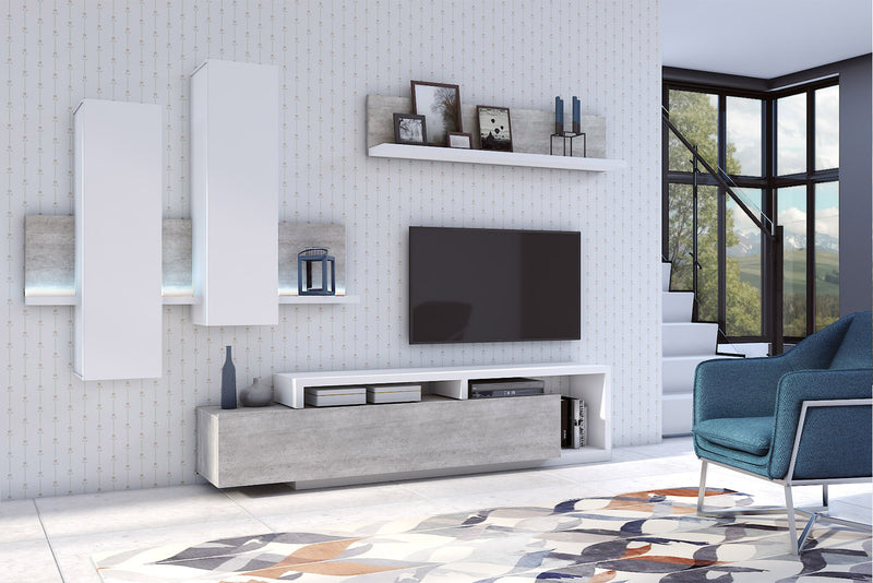 TV WALL UNIT BOTA WHITE / CONCRETE COLORADOBOTA meblościanka is a Futuristic shape with a minimalist coloration makes the furniture does not take up too much space, and the room in which it is located acquires considerable aesthetic qualities. It was prod