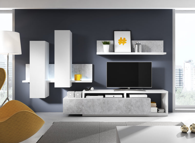 TV WALL UNIT BOTA WHITE / CONCRETE COLORADOBOTA meblościanka is a Futuristic shape with a minimalist coloration makes the furniture does not take up too much space, and the room in which it is located acquires considerable aesthetic qualities. It was prod