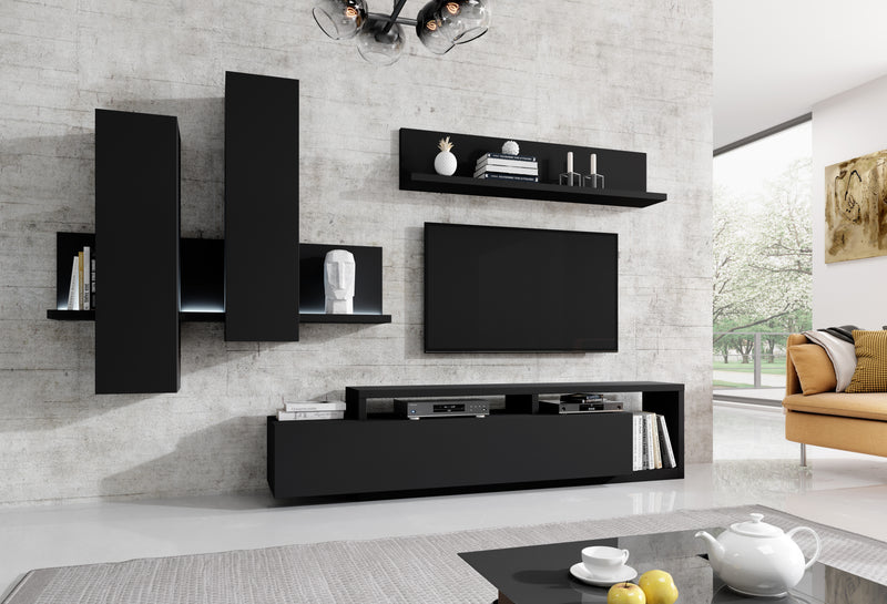 TV WALL UNIT BOTA BLACK MATTBOTA meblościanka is a Futuristic shape with a minimalist coloration makes the furniture does not take up too much space, and the room in which it is located acquires considerable aesthetic qualities. It was produced in three c