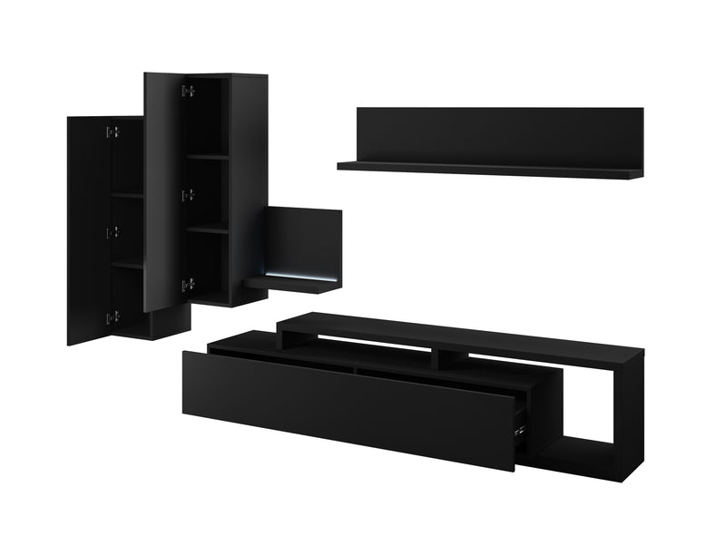 TV WALL UNIT BOTA BLACK MATTBOTA meblościanka is a Futuristic shape with a minimalist coloration makes the furniture does not take up too much space, and the room in which it is located acquires considerable aesthetic qualities. It was produced in three c