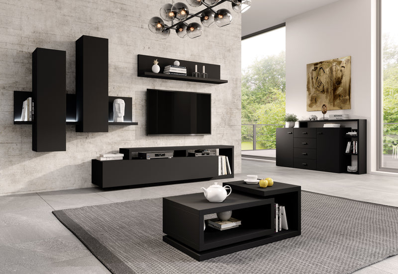 TV WALL UNIT BOTA BLACK MATTBOTA meblościanka is a Futuristic shape with a minimalist coloration makes the furniture does not take up too much space, and the room in which it is located acquires considerable aesthetic qualities. It was produced in three c