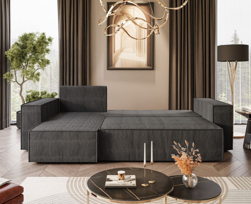 CORNER SOFA BED BERGAMO 247CM SPRINGS + FOAMDimensions: total width: 247 cm, total height: 83 cm, total depth: 143 cm.Sleeping function200x130cm Color: POSO fabric Execution: L-shaped corner, corner sofa with sleeping function, corner sofa with a bedding