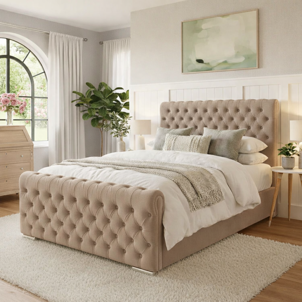 KOSTENLOSE LIEFERUNG! Luxuriöser Chesterfield-Bettgestell mit Flügelrücken und Hocker – Tief geknöpfter Samt | Erhältlich in allen Größen / WEICHER SAMT MINK