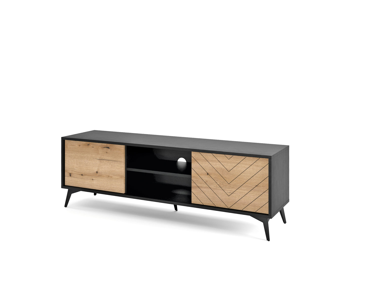 TV Stand DIAMOND 01 black / evoke oakTV Stand DIAMOND 01 (154/50/39) ColourBlack / Oak Evoke MaterialLaminated board 16mm VeneerEdging ABS Metal Legs PUSH-TO-OPENAnna Furniture