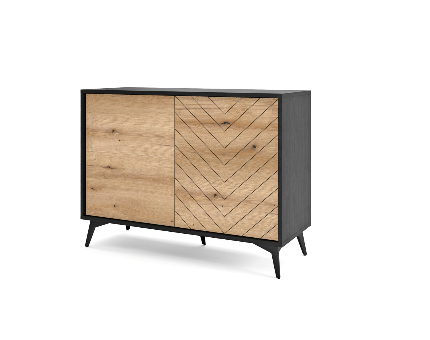 Storage cabinet DIAMOND 02 black / evoke oakStorage cabinet DIAMOND 02 (104/77/39) ColourBlack / Oak Evoke MaterialLaminated board 16mm VeneerEdging ABS Metal Legs PUSH-TO-OPENAnna Furniture