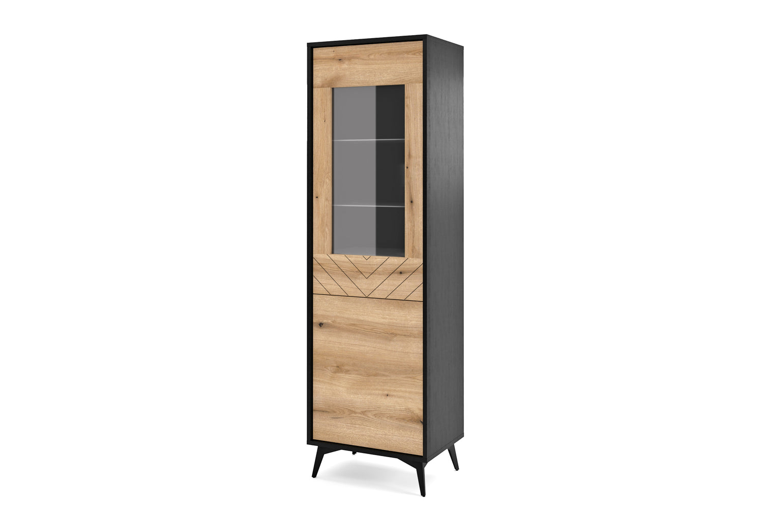 Display cabinet DIAMOND 08 black / evoke oakDisplay cabinet DIAMOND 08 (54/178/39) ColourBlack / Oak Evoke MaterialLaminated board 16mm VeneerEdging ABS Metal Legs PUSH-TO-OPENAnna Furniture