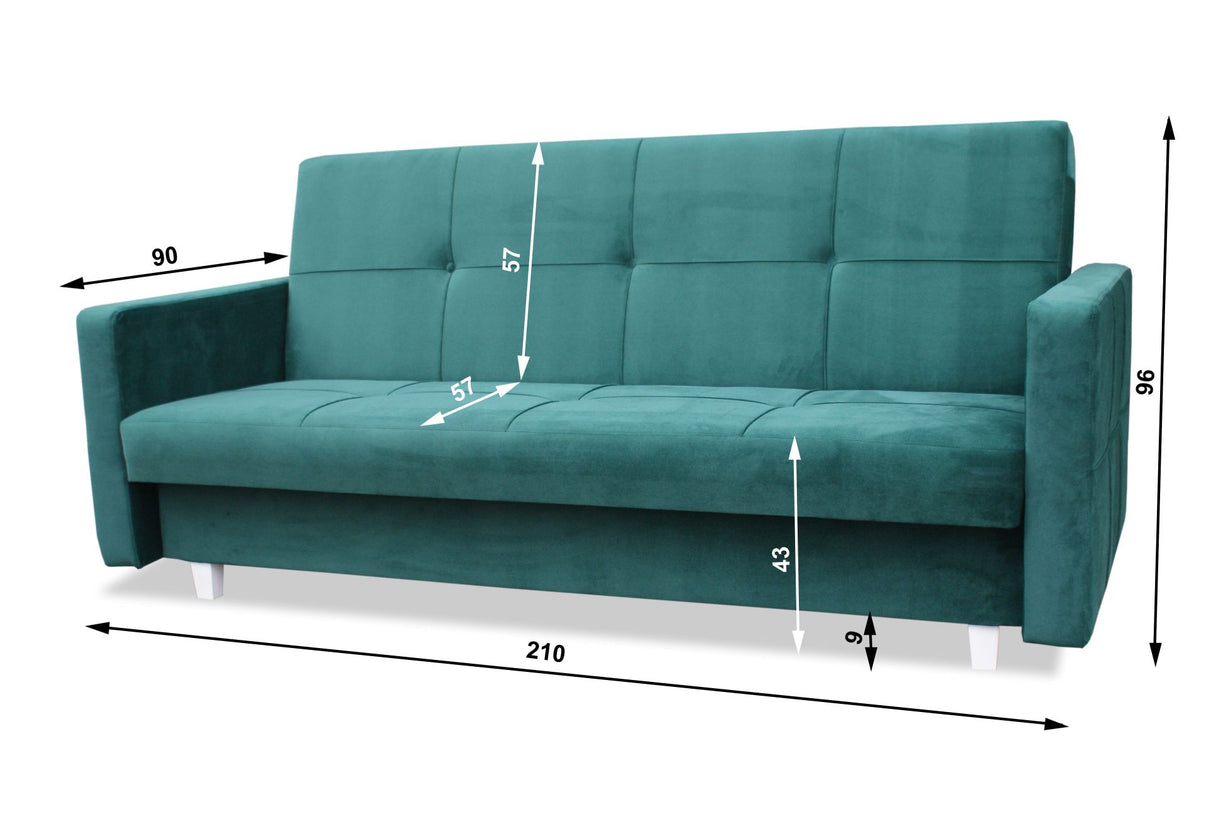 SOFA BED COSMO 210cm KRONOS 05 / SPRINGS + FOAMSofa dimensions: sleeping area 120/187 cm width 210 cm depth 90 cm height to the seat 43 cm height of the legs 9 cm* dimensions are given with a tolerance of +/- 3 cmThe sleeping area is entirely made of spri
