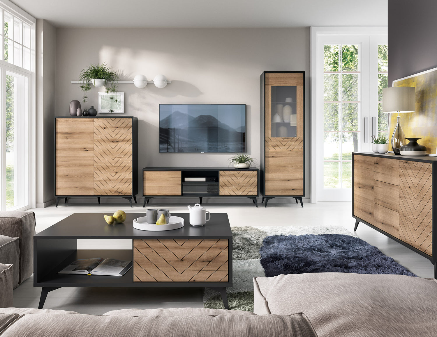 TV Stand DIAMOND 01 black / evoke oakTV Stand DIAMOND 01 (154/50/39) ColourBlack / Oak Evoke MaterialLaminated board 16mm VeneerEdging ABS Metal Legs PUSH-TO-OPENAnna Furniture