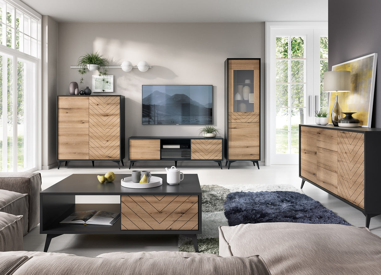 Display cabinet DIAMOND 08 black / evoke oakDisplay cabinet DIAMOND 08 (54/178/39) ColourBlack / Oak Evoke MaterialLaminated board 16mm VeneerEdging ABS Metal Legs PUSH-TO-OPENAnna Furniture
