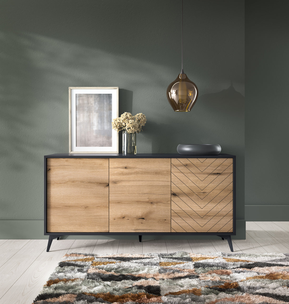 Storage cabinet DIAMOND 03 black / evoke oakStorage cabinet DIAMOND 03 (154/77/39) ColourBlack / Oak Evoke MaterialLaminated board 16mm VeneerEdging ABS Metal Legs PUSH-TO-OPENAnna Furniture