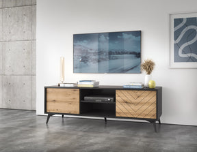 TV Stand DIAMOND 01 black / evoke oakTV Stand DIAMOND 01 (154/50/39) ColourBlack / Oak Evoke MaterialLaminated board 16mm VeneerEdging ABS Metal Legs PUSH-TO-OPENAnna Furniture