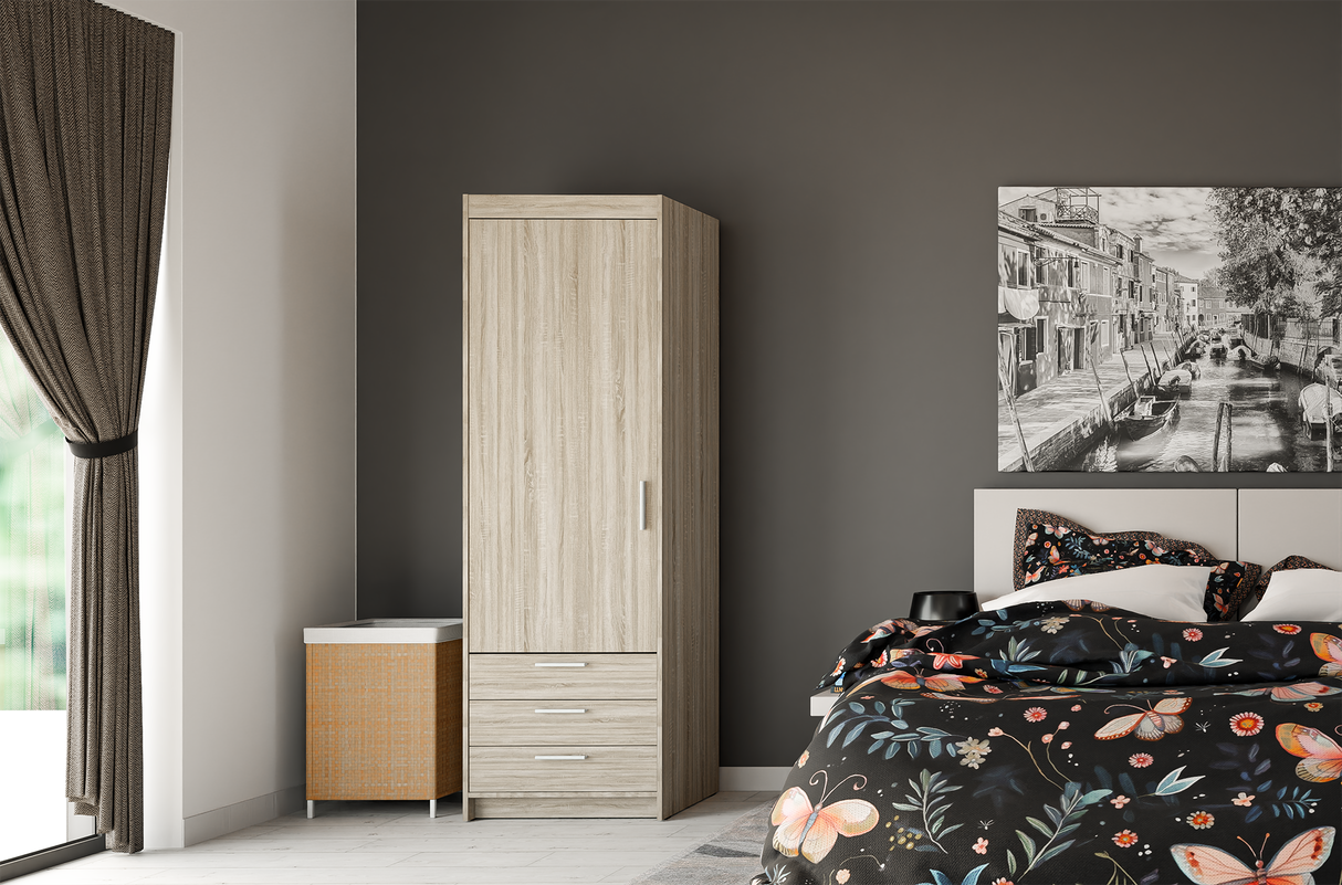 WARDROBE SELENA 1D 3S 60CMAVAILABLE IN 3 COLORSSONOMA, WHITE AND LEFKAS OAKDimensions: 599 x 1905 x 530 mm (W x H x D) Number of packages: 2 Front: - laminated board 15 mm - the melamine edging - handle: 128 mm / plastic The body: - laminated board 15 mm