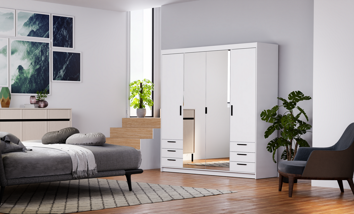 CORNER WARDROBE SELENA 4D 6S - MIRROR 176CM *AVAILABLE IN 3 COLORS*AVAILABLE IN 3 COLORSSONOMA, WHITE AND LEFKAS OAK Dimensions: 176 x 1905 x 530 mm (W x H x D) Number of packages: 4 Front: - laminated board 15 mm - the melamine edging - handle: 128 mm /