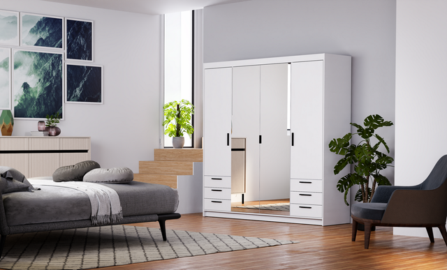 CORNER WARDROBE SELENA 4D 6S - MIRROR 176CM *AVAILABLE IN 3 COLORS*AVAILABLE IN 3 COLORSSONOMA, WHITE AND LEFKAS OAK Dimensions: 176 x 1905 x 530 mm (W x H x D) Number of packages: 4 Front: - laminated board 15 mm - the melamine edging - handle: 128 mm /