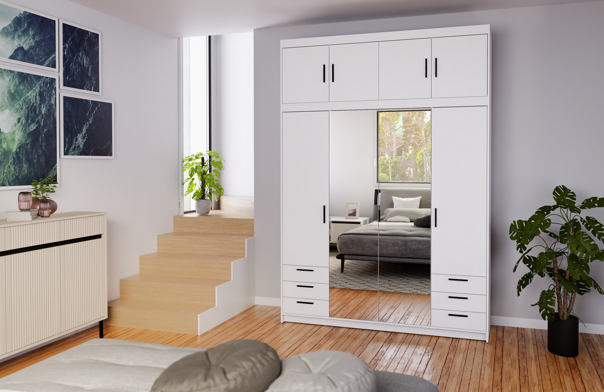 CORNER WARDROBE SELENA 4D 6S - MIRROR 176CM *AVAILABLE IN 3 COLORS*AVAILABLE IN 3 COLORSSONOMA, WHITE AND LEFKAS OAK Dimensions: 176 x 1905 x 530 mm (W x H x D) Number of packages: 4 Front: - laminated board 15 mm - the melamine edging - handle: 128 mm /