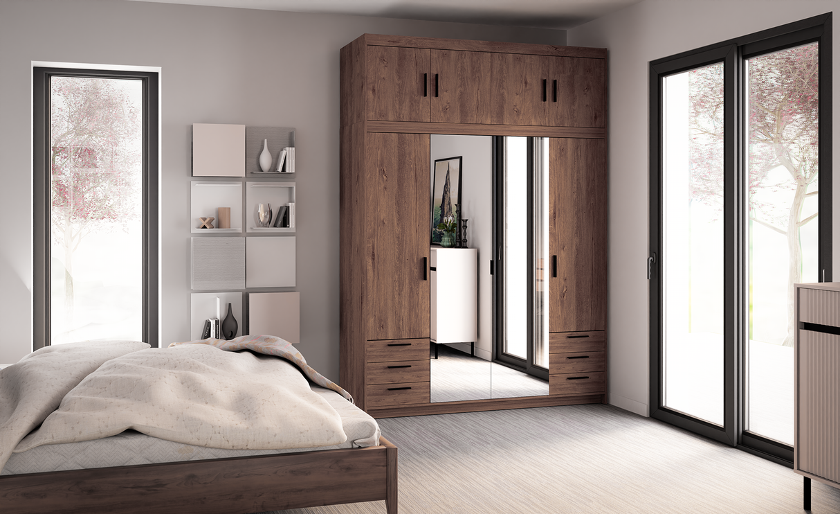CORNER WARDROBE SELENA 4D 6S - MIRROR 176CM *AVAILABLE IN 3 COLORS*AVAILABLE IN 3 COLORSSONOMA, WHITE AND LEFKAS OAK Dimensions: 176 x 1905 x 530 mm (W x H x D) Number of packages: 4 Front: - laminated board 15 mm - the melamine edging - handle: 128 mm /