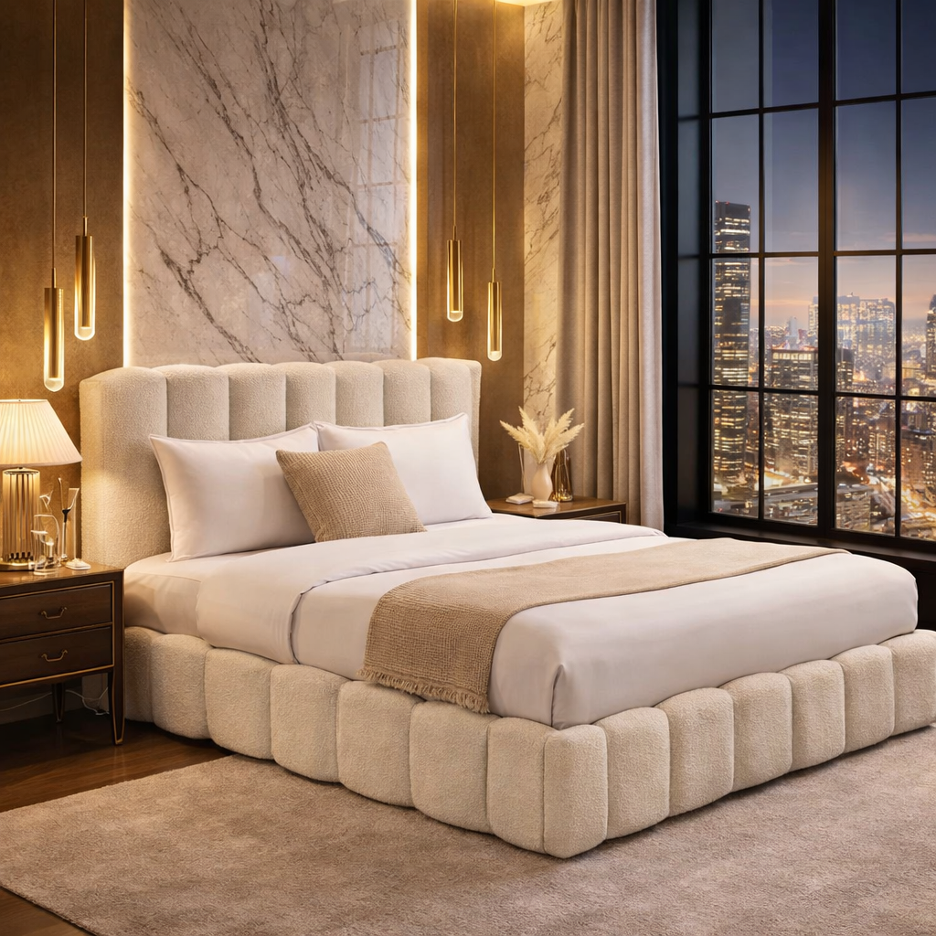 FREE DELIVERY! Bed Frame Cloud – Teddy Boucle fabric | Available in All Sizes / Cream - Anna Furniture