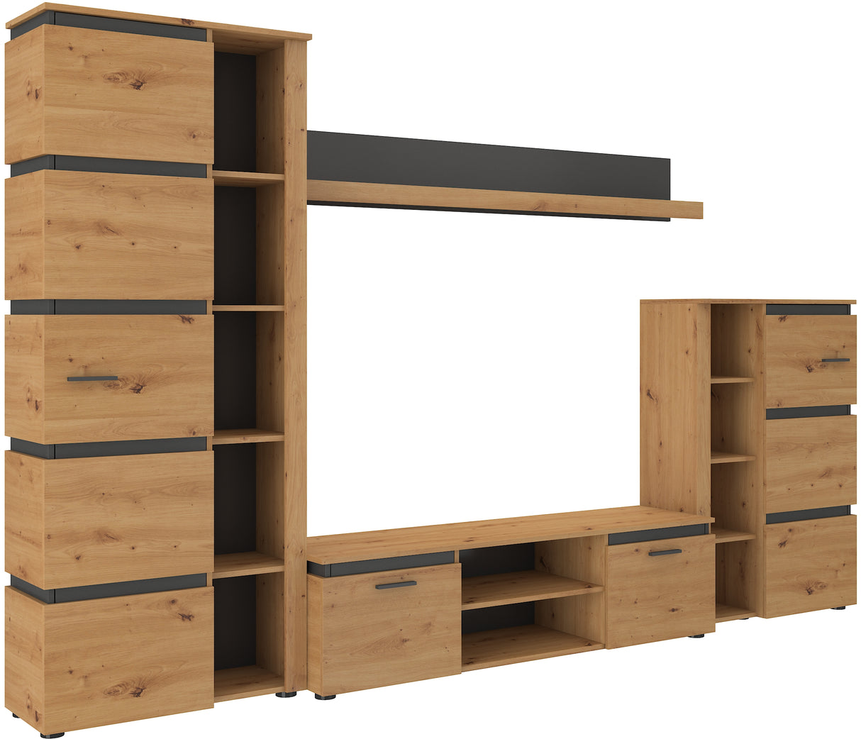 TV WALL UNIT FAROS ARTISAN OAK/MATERAOverall dimensions of the wall unit: 3040 x 1900 x 400 mm (width x height x depth)SIDEBOARD IS NOT INCLUDED IN SETNumber of packages: 6Front:- 16 mm artisan oak laminated board - matera- melamine edge- handle: plasticB