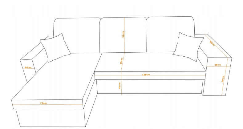 CORNER SOFA BED ARRO 255CM 2X STORAGE SPACE UNIVERSAL CORNER RIGHT/LEFT CORNER / BONELL SPRINGS + FOAMFEATURES:BONELL SPRINGS + T28 FOAM 3 X LARGE BACKREST PILLOWS 2X SMALLER CUSHIONS 2X STORAGE SPACE 2X STOOLBed-folding function DL SYSTEM (The unfolding