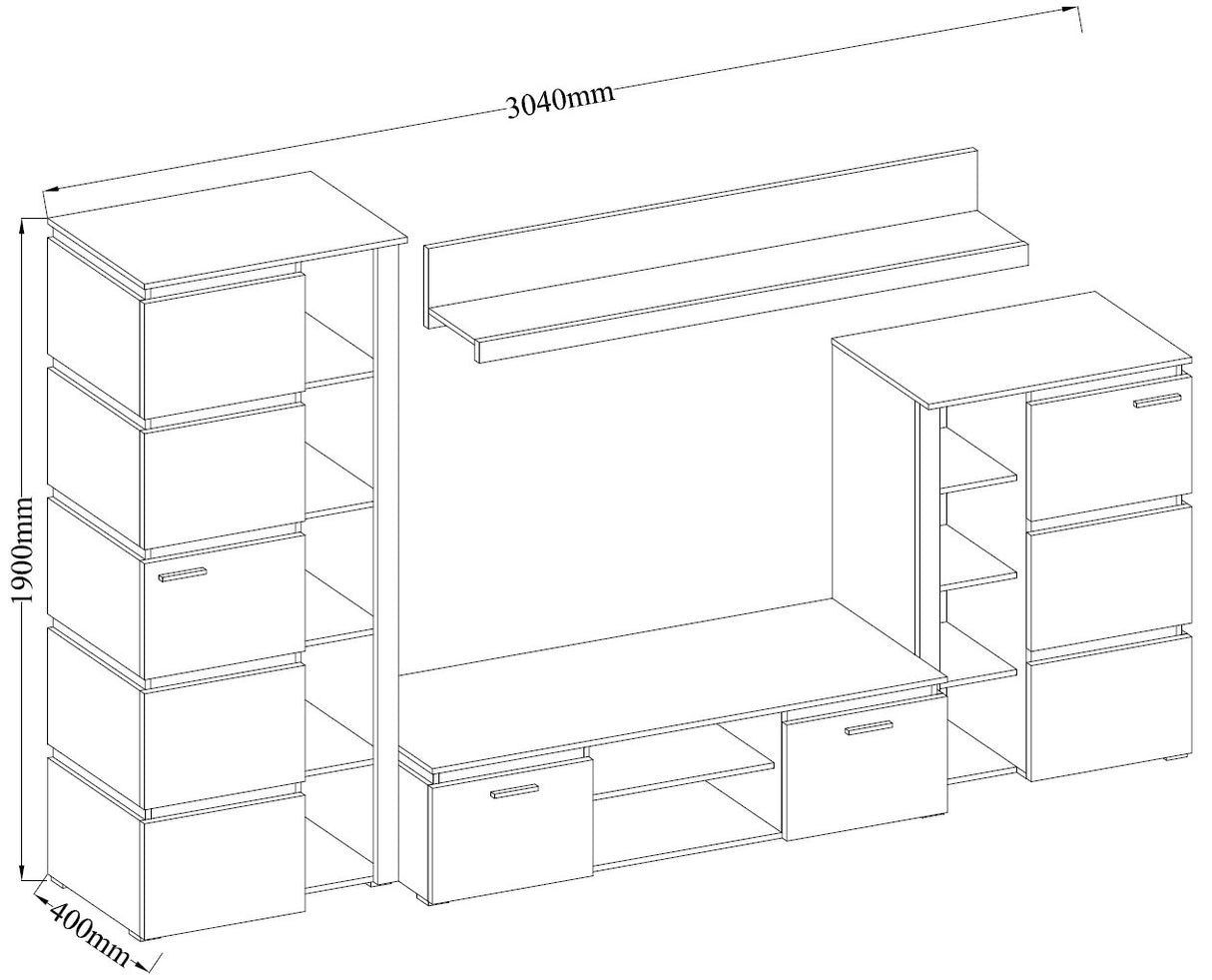 TV WALL UNIT FAROS ARTISAN OAK/MATERAOverall dimensions of the wall unit: 3040 x 1900 x 400 mm (width x height x depth)SIDEBOARD IS NOT INCLUDED IN SETNumber of packages: 6Front:- 16 mm artisan oak laminated board - matera- melamine edge- handle: plasticB
