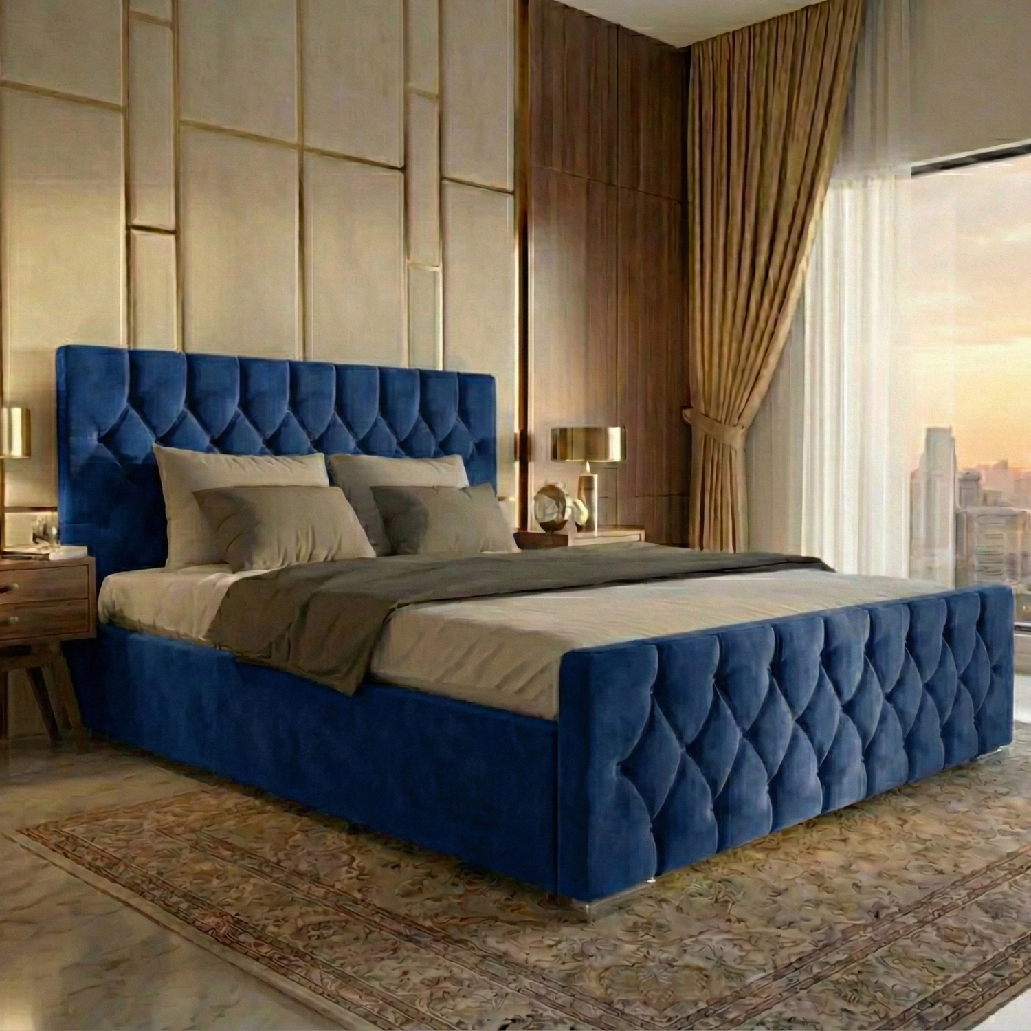 Luxury Velvet Bed with Deep Diamond Tufting & Chrome Feet – All Sizes