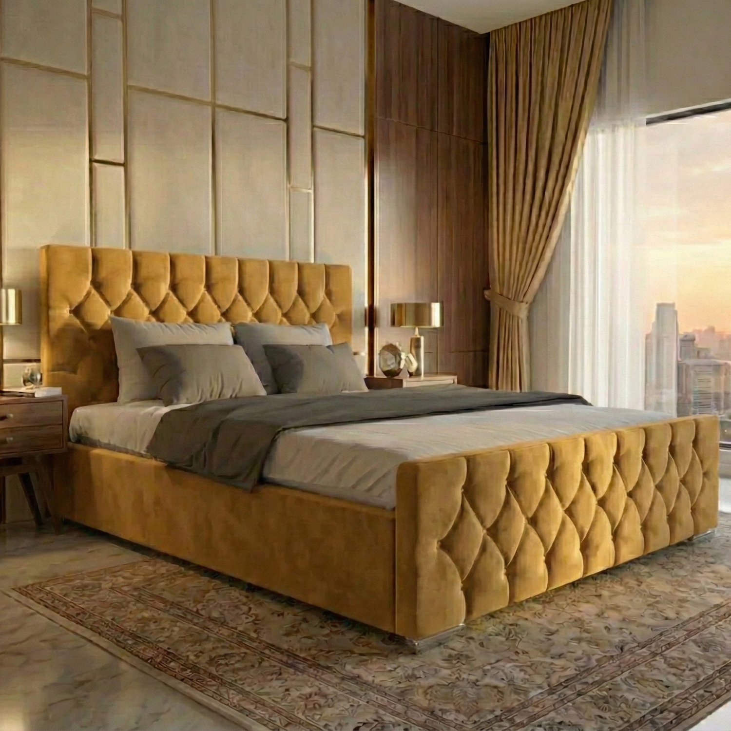 Luxury Velvet Bed with Deep Diamond Tufting & Chrome Feet – All Sizes