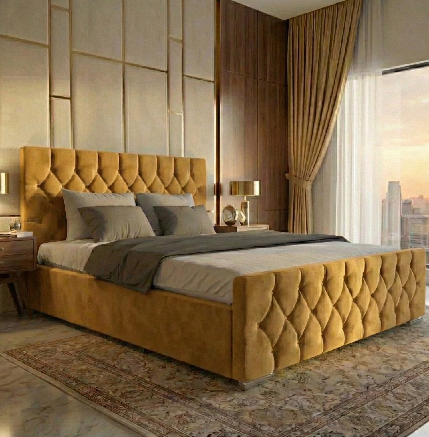 FREE DELIVERY! Luxury Velvet Chesterfield Bed with Deep Diamond Tufting & Chrome Feet – Available in All Sizes