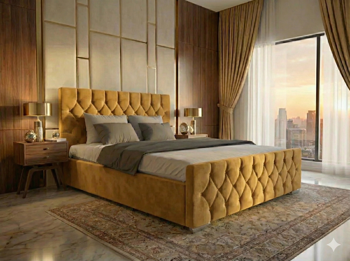Luxury Velvet Bed with Deep Diamond Tufting & Chrome Feet – All Sizes