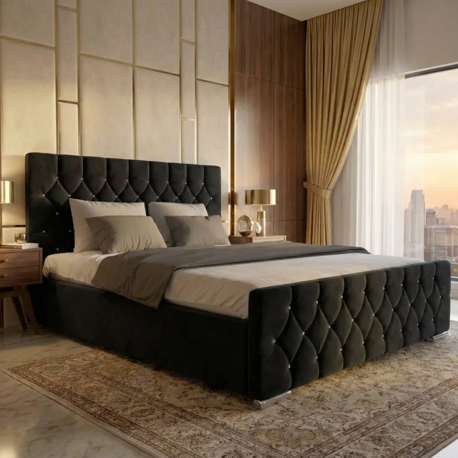 Luxury Velvet Bed with Deep Diamond Tufting & Chrome Feet – All Sizes