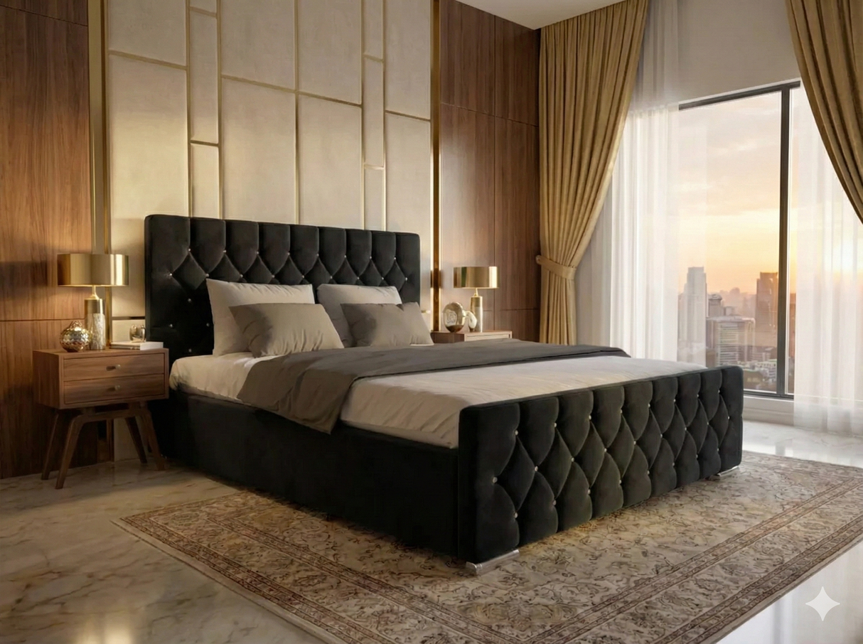 Luxury Velvet Bed with Deep Diamond Tufting & Chrome Feet – All Sizes