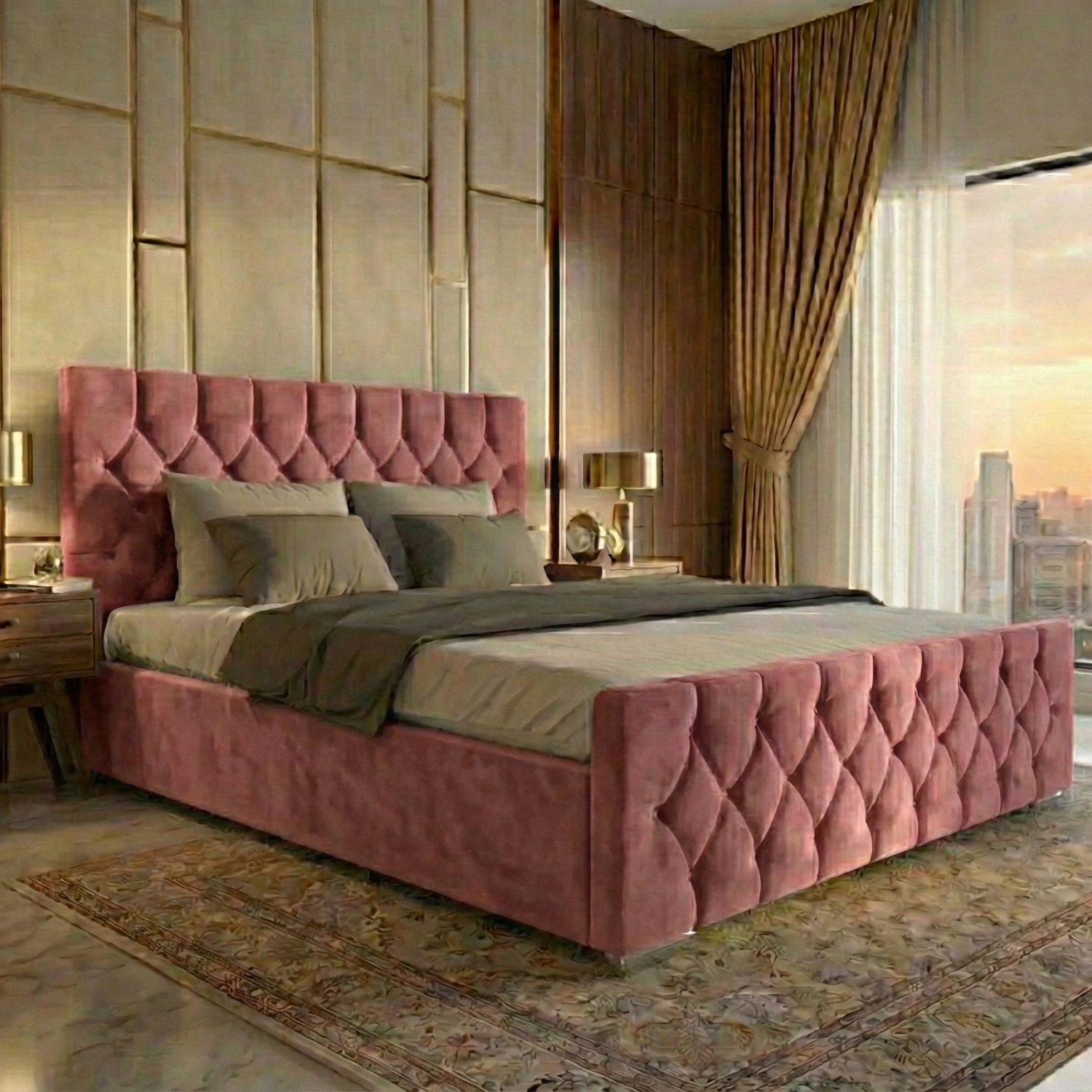 Luxury Velvet Bed with Deep Diamond Tufting & Chrome Feet – All Sizes