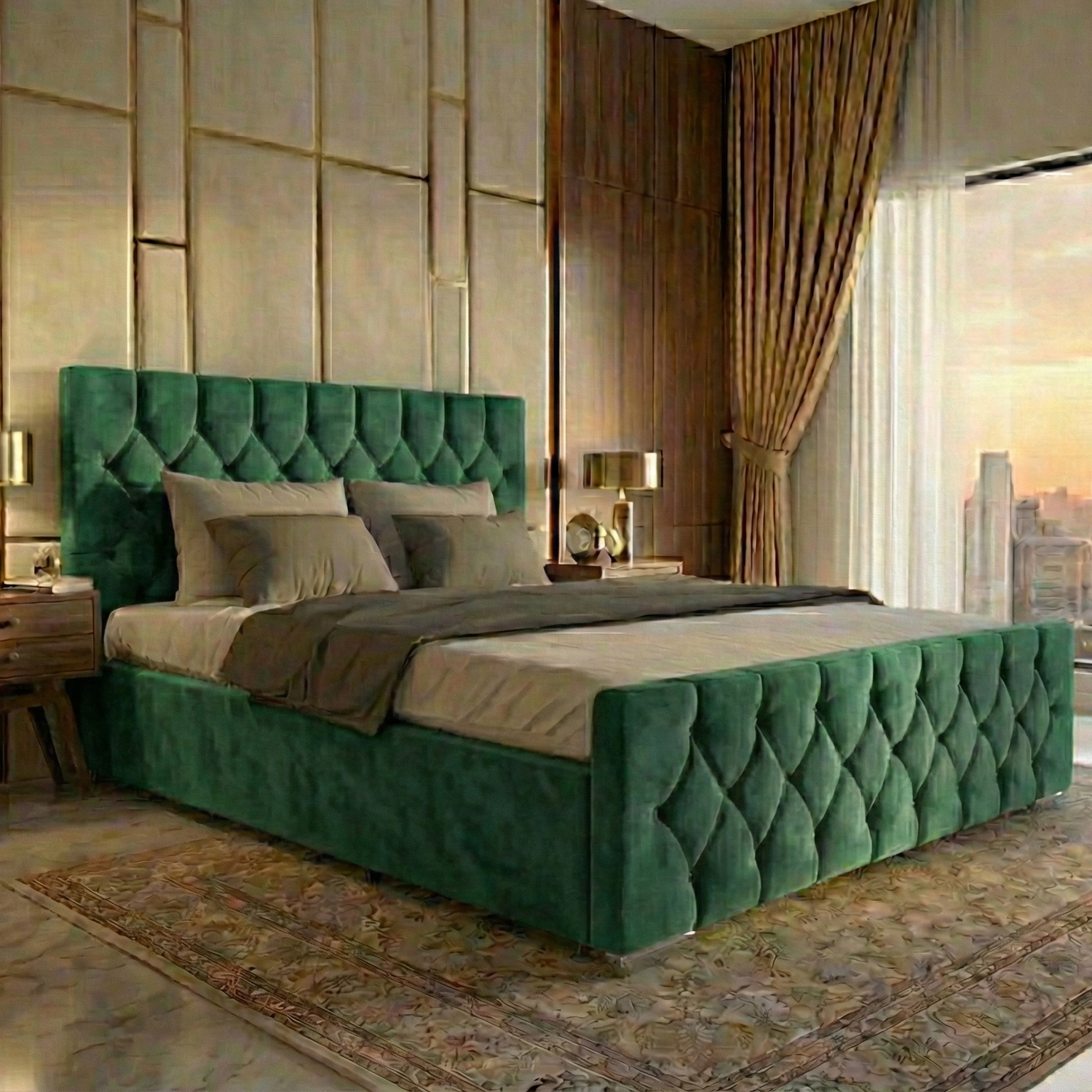 Luxury Velvet Bed with Deep Diamond Tufting & Chrome Feet – All Sizes