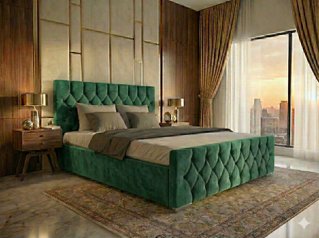 Luxury Velvet Bed with Deep Diamond Tufting & Chrome Feet – All Sizes