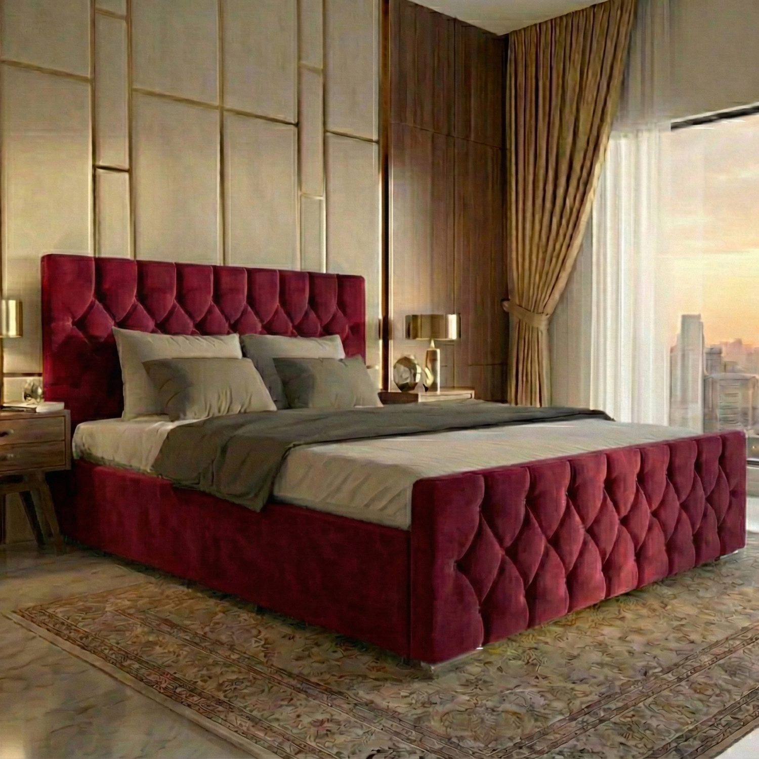 Luxury Velvet Bed with Deep Diamond Tufting & Chrome Feet – All Sizes