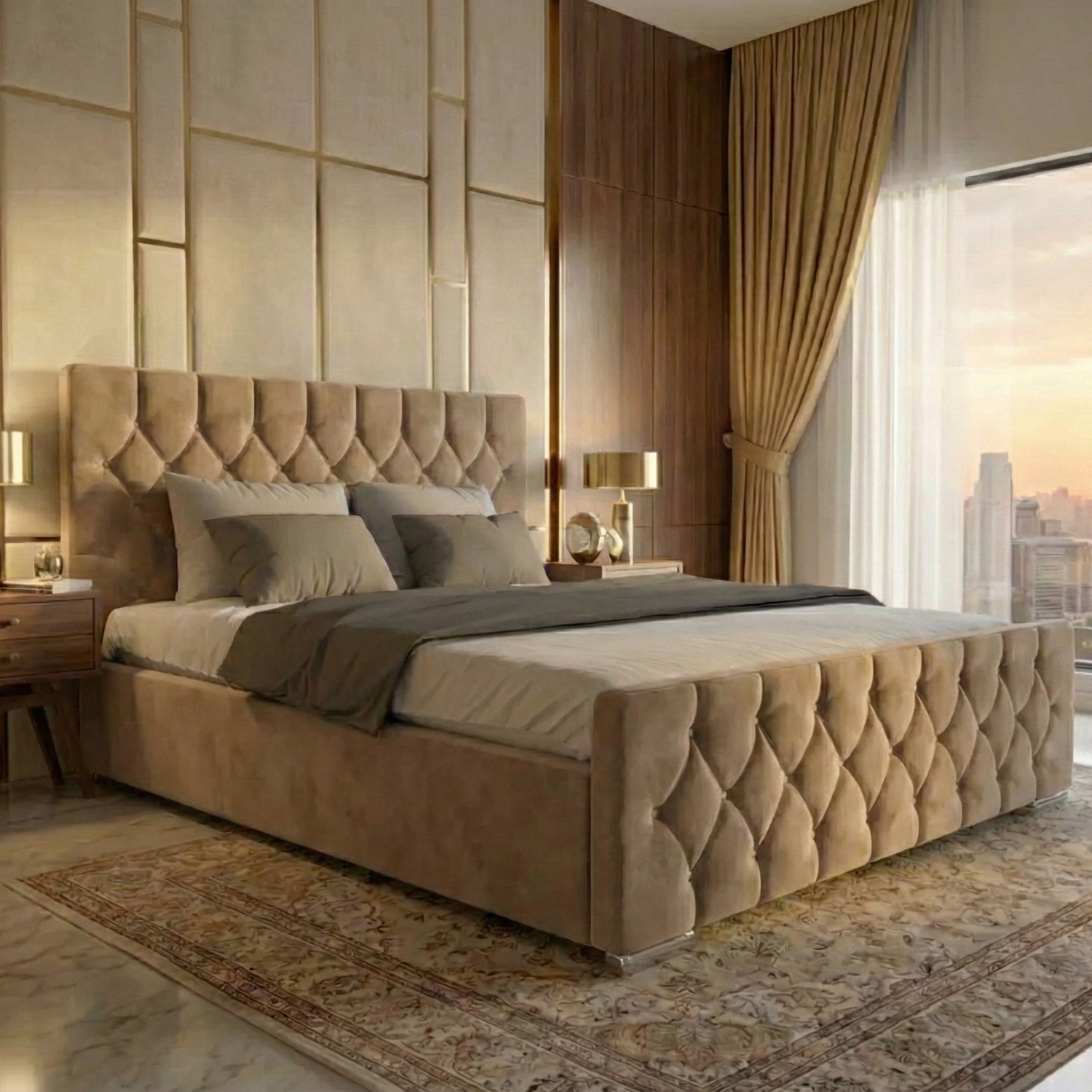 Luxury Velvet Bed with Deep Diamond Tufting & Chrome Feet – All Sizes