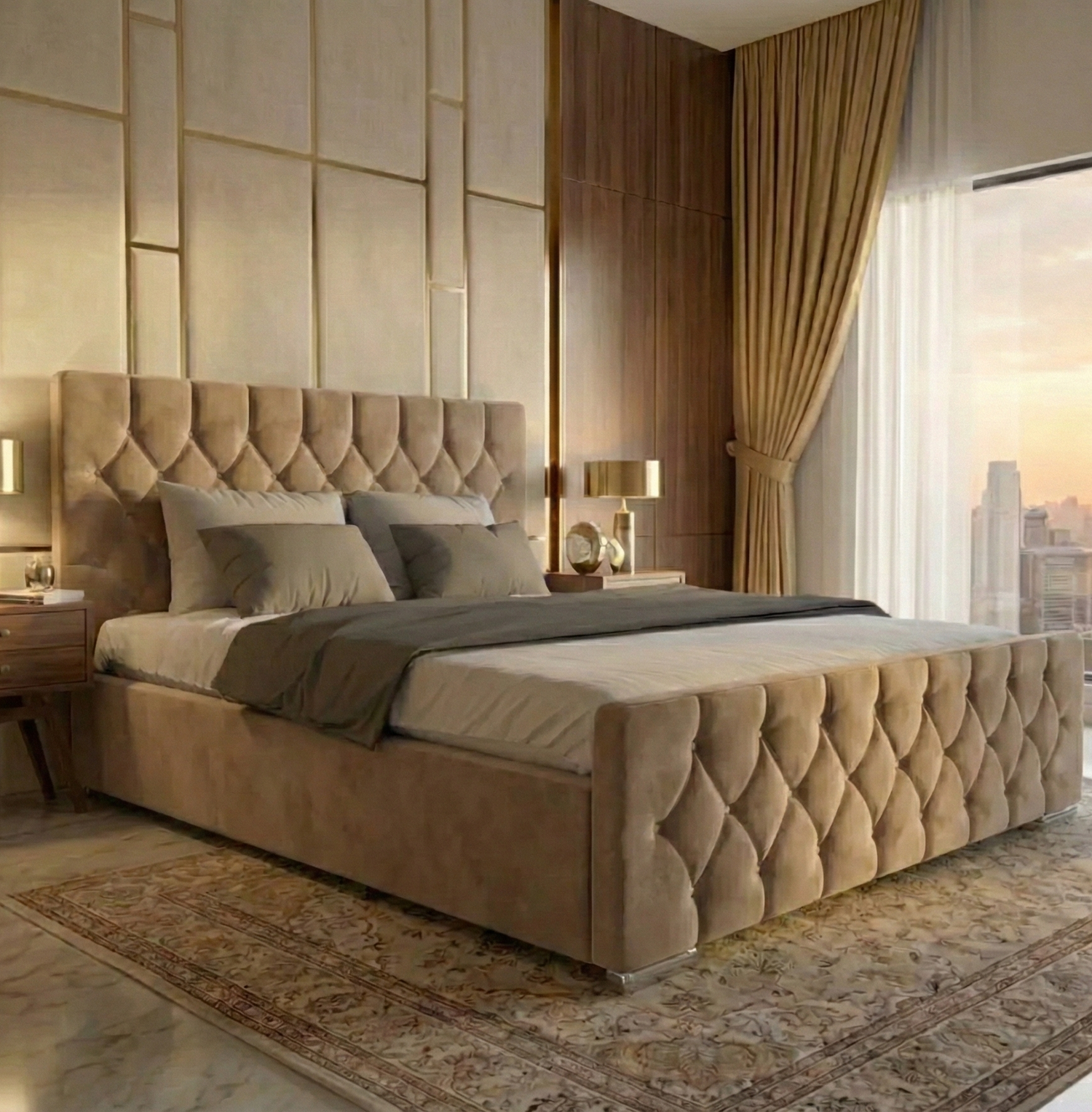 FREE DELIVERY! Luxury Velvet Chesterfield Bed with Deep Diamond Tufting & Chrome Feet – Available in All Sizes