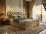 Luxury Velvet Bed with Deep Diamond Tufting & Chrome Feet – All Sizes