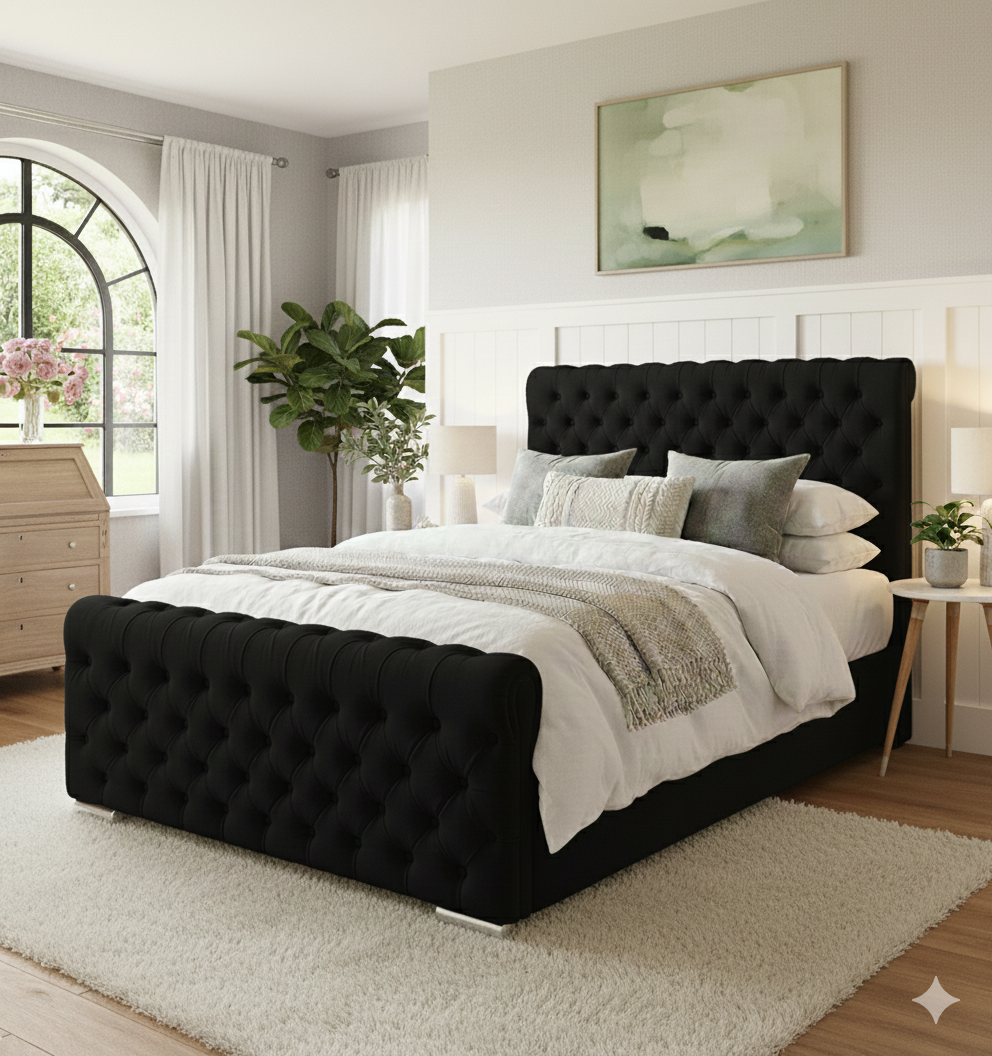 Luxury Wingback Chesterfield Ottoman Bed Frame – Deep Button Tufted Velvet | All Sizes