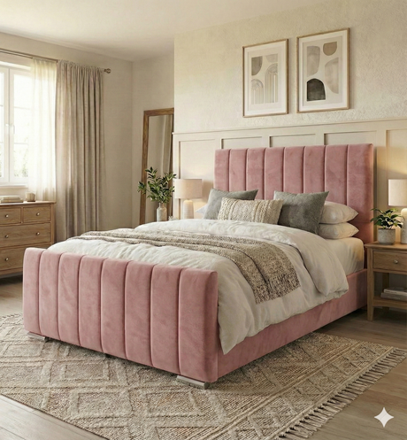 LIVRAISON GRATUITE ! Cadre de lit ottoman moderne en velours avec rangement à levage à gaz et tête de lit haute à design vertical – Disponible en toutes tailles COULEUR VELOURS DOUX GRIS