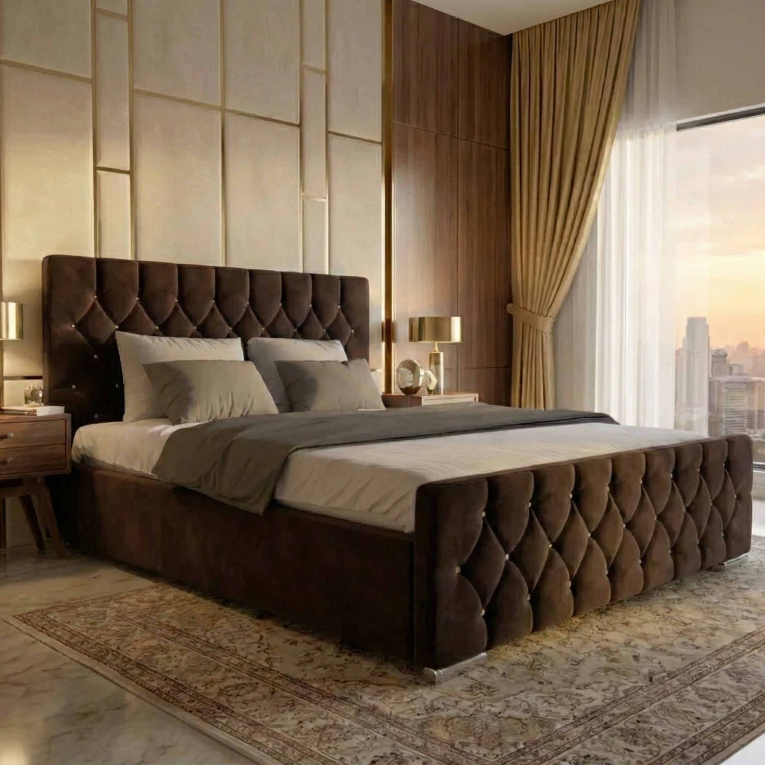 Luxury Velvet Bed with Deep Diamond Tufting & Chrome Feet – All Sizes