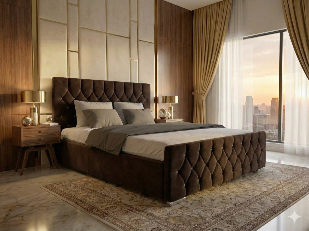Luxury Velvet Bed with Deep Diamond Tufting & Chrome Feet – All Sizes