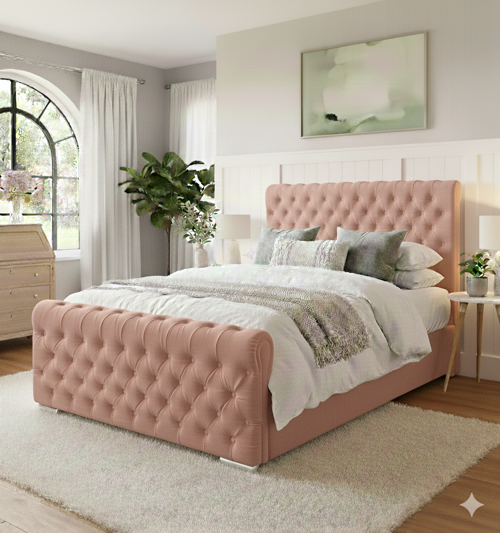 Luxury Wingback Chesterfield Ottoman Bed Frame – Deep Button Tufted Velvet | All Sizes