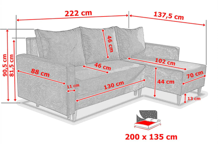 NEW! CORNER SOFA BED SNUGGY 222CM MANILA09 UNIVERSAL CORNER RIGHT/LEFT / FOAMTHIS MODEL IS UNIVERSAL WHICH MEANS YOU CAN CHOOSE CORNER SIDE DURING ASSEMBLY3x PILLOWS INCLUDED1X STORAGE SPACESOFT TOUCH FABRC MANILA CLICK HERE DIMENTIONS222X137.5CMSLEEPING