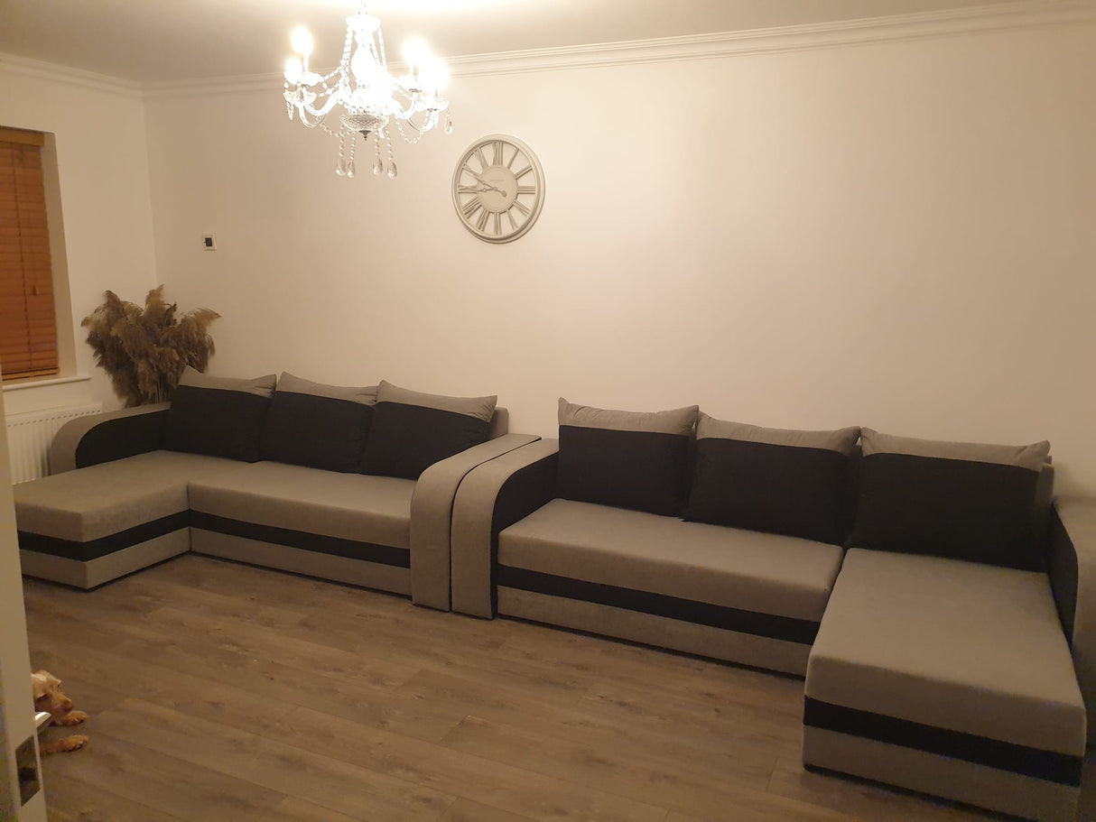 CORNER SOFA BED ALEXA GREY / BLACK 238cm universal RIGHT/LEFT CORNER / FOAMTHIS MODEL IN UNIVERSAL WHICH MEANS YOU CAN CHOOSE CORNER SIDE DURING ASSEMBLY3x PILLOWS INCLUDED1X STORAGE SPACESLEEPING FUNCTIONDIMENTIONSWidth: 238 cmDepth: 140cmSleeping area:
