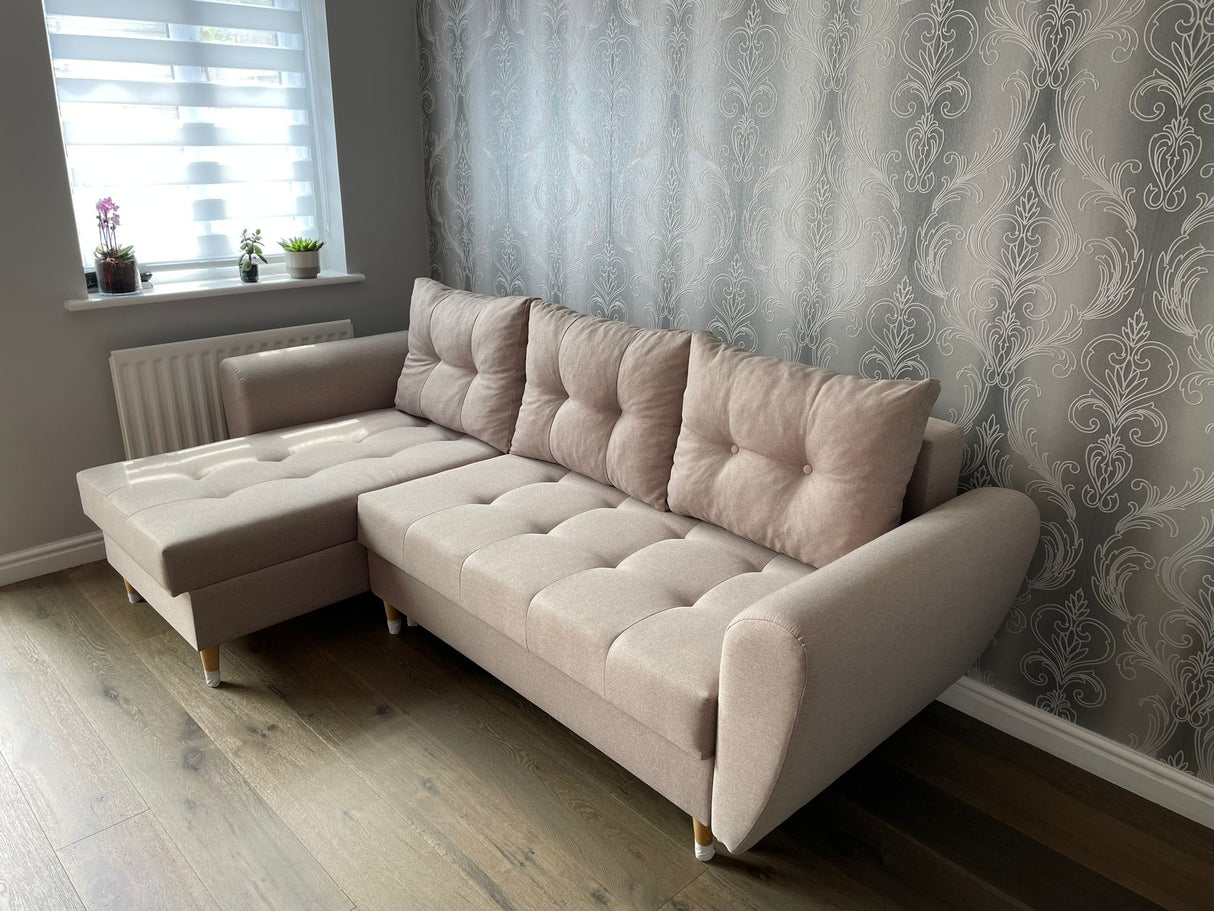 CORNER SOFA BED PALMO 2X STORAGE SPACE MALMO 05 240cm universal RIGHT/LEFT CORNER / BONELL SPRINGS + FOAMVIEW ALL COLORS CLICK HERETHIS MODEL IS UNIVERSAL WHICH MEANS YOU CAN CHOOSE CORNER SIDE DURING ASSEMBLYMADE IN MALMO FABRIC CLICK HERE3x PILLOWS INCL