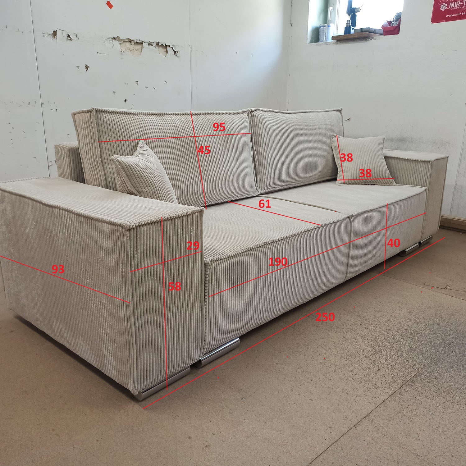 SOFA BED FIORD POSO 03 250cm / SPRINGS + FOAMSOFA DIMENSIONS: sleeping area 154/190 cm width 249 cm depth 94 cm height to the seat 40 cm side height 58 cm seat depth 79 cm (without cushions) seat depth 62 cm (with cushions)* dimensions given with a tolera