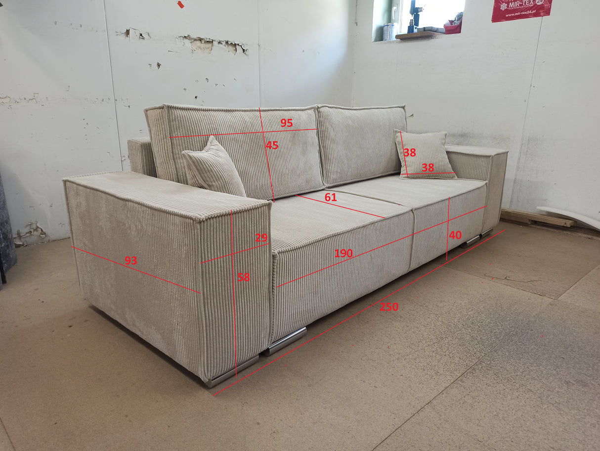SOFA BED FIORD POSO 55 250cm / SPRINGS + FOAMSOFA DIMENSIONS: sleeping area 154/190 cm width 249 cm depth 94 cm height to the seat 40 cm side height 58 cm seat depth 79 cm (without cushions) seat depth 62 cm (with cushions)* dimensions given with a tolera