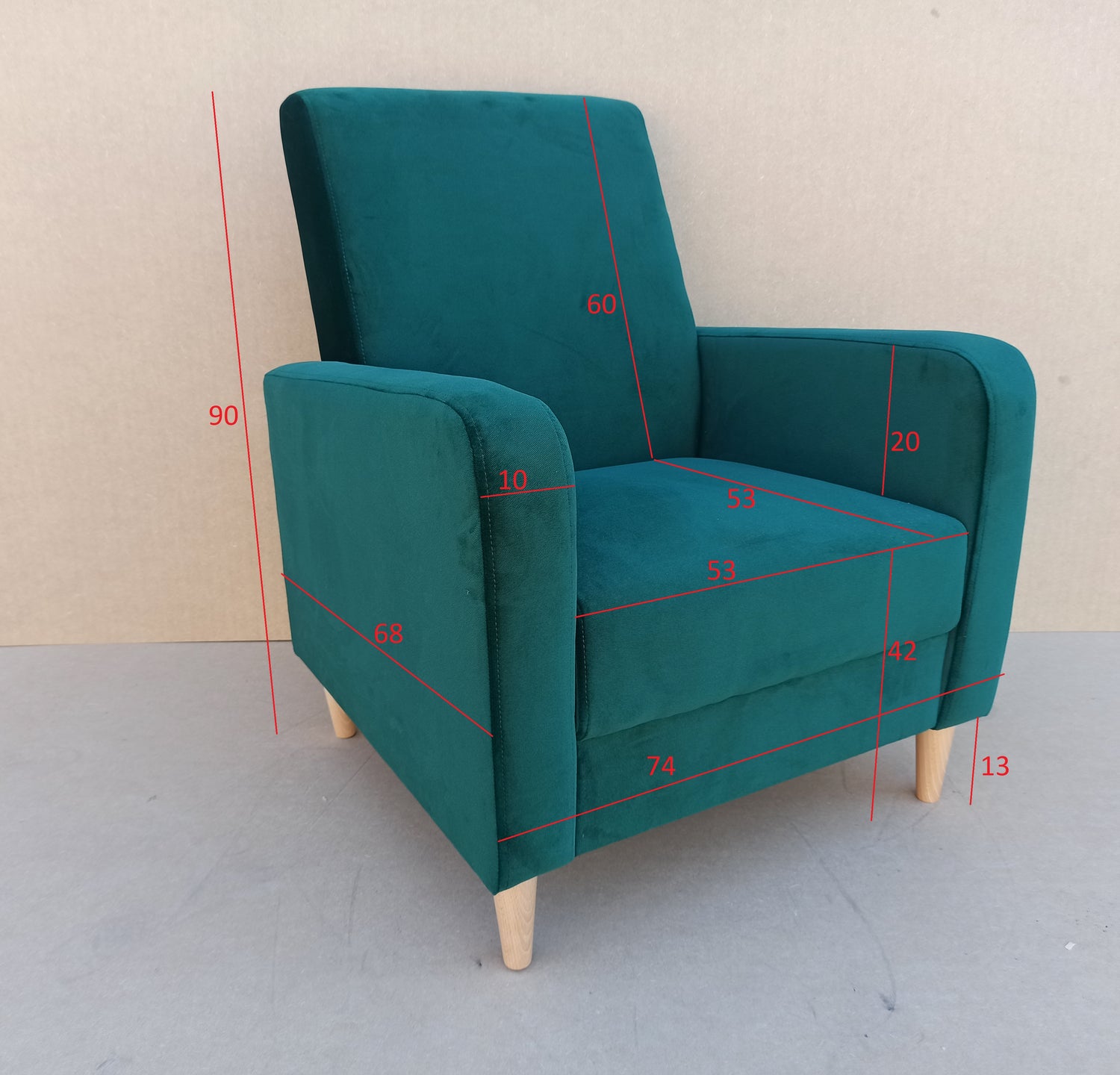 ARMCHAIR CARLO 74x90cm SAWANA 14ARMCHAIR CARLO is a beautiful free-standing chair made from strong, durable materials like pine wood, chipboard, fibreboard, and beech legs. The seat is carefully crafted with a corrugated spring and high-quality foam for a