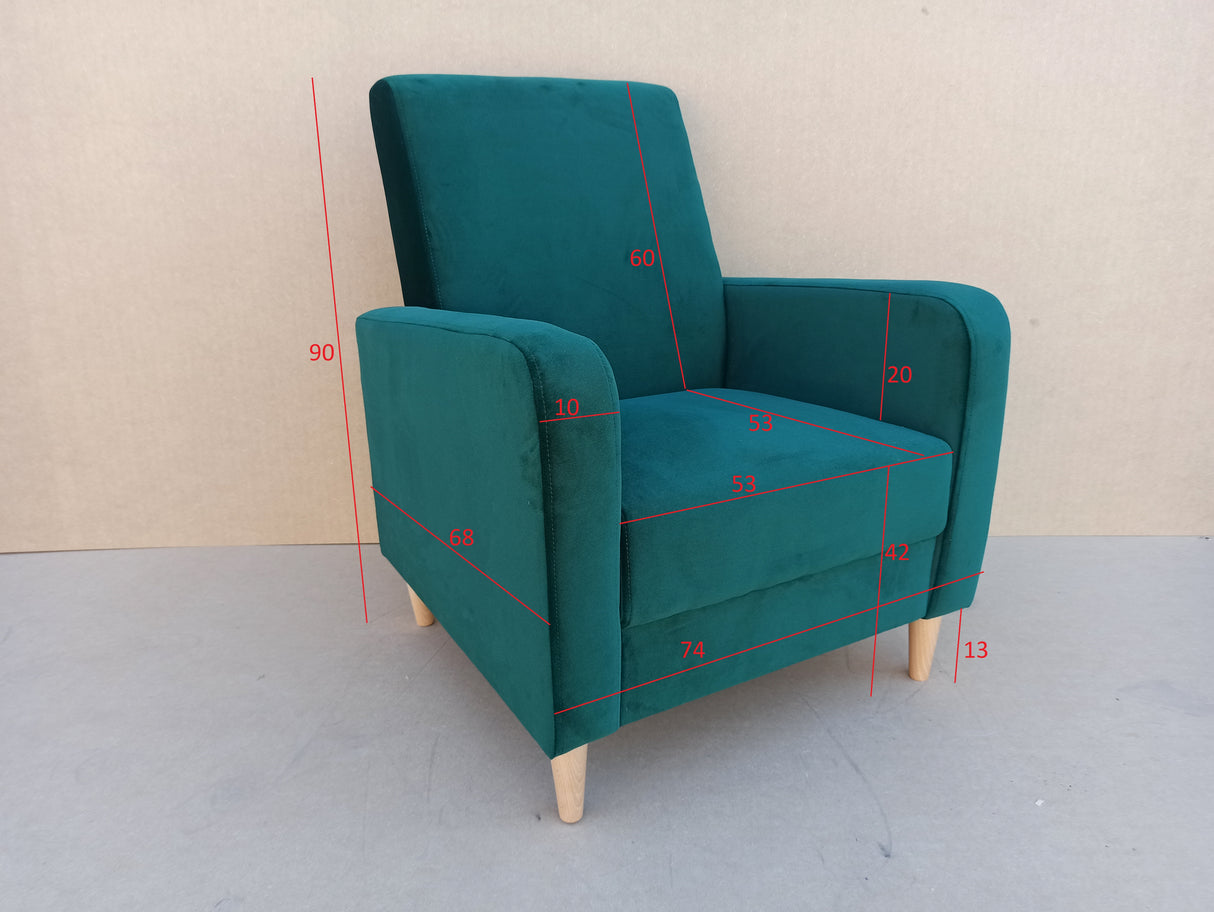 ARMCHAIR CARLO 74x90cm SAWANA 05ARMCHAIR CARLO is a beautiful free-standing chair made from strong, durable materials like pine wood, chipboard, fibreboard, and beech legs. The seat is carefully crafted with a corrugated spring and high-quality foam for a