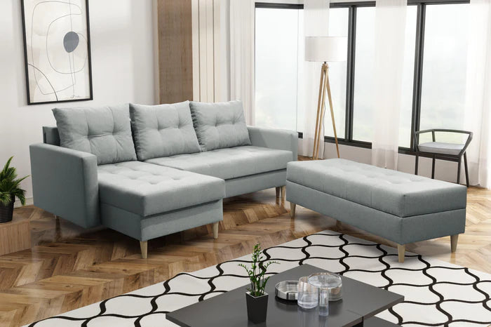 CORNER SOFA BED BRIAN 222CM + STORAGE PUFF / OTTOMAN MALMO 72 UNIVERSAL RIGHT/LEFT CORNER / BONELL SPINGS + FOAMTHIS MODEL IS UNIVERSAL WHICH MEANS YOU CAN CHOOSE CORNER SIDE DURING ASSEMBLYMADE IN MALMO FABRIC CLICK HERE3x PILLOWS INCLUDED2X STORAGE SPAC